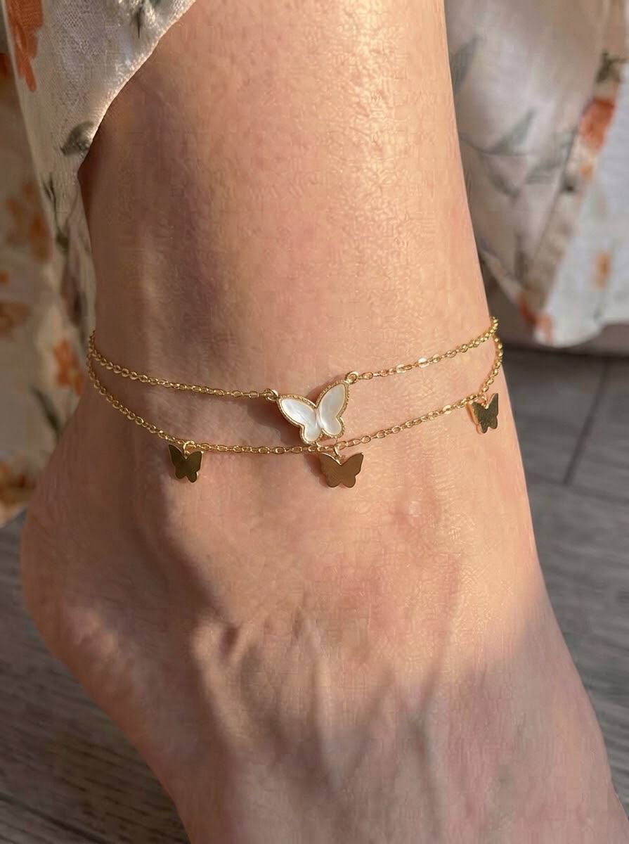 Butterfly Layered Anklet, double chain with pearly butterfly and mini butterfly charms