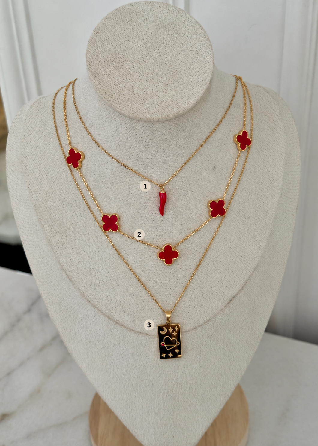 Scarlet Luck Stack - layered necklaces numbered 1, 2, 3