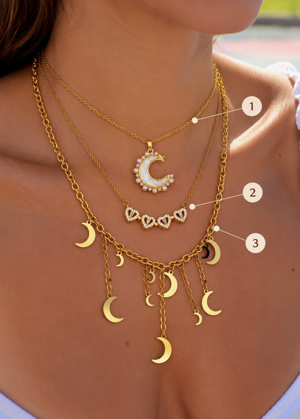 Crescent Moon Stack - layered necklaces numbered 1, 2, 3