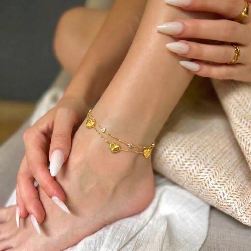 Radiant Heart Layered Anklet, double chain with textured gold hearts and mini sparkling stones
