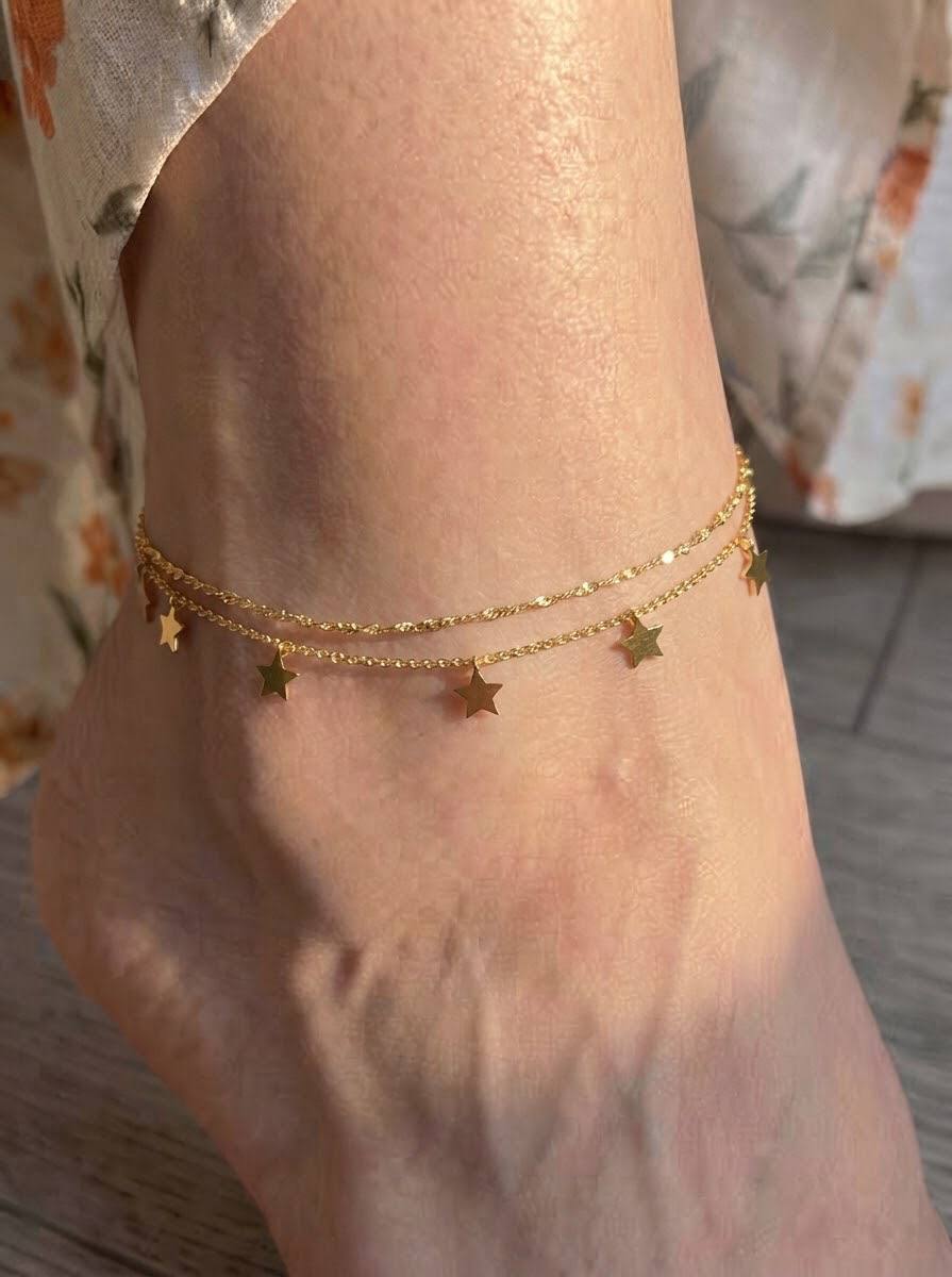 Starry Layered Anklet, double chain with tiny golden star charms