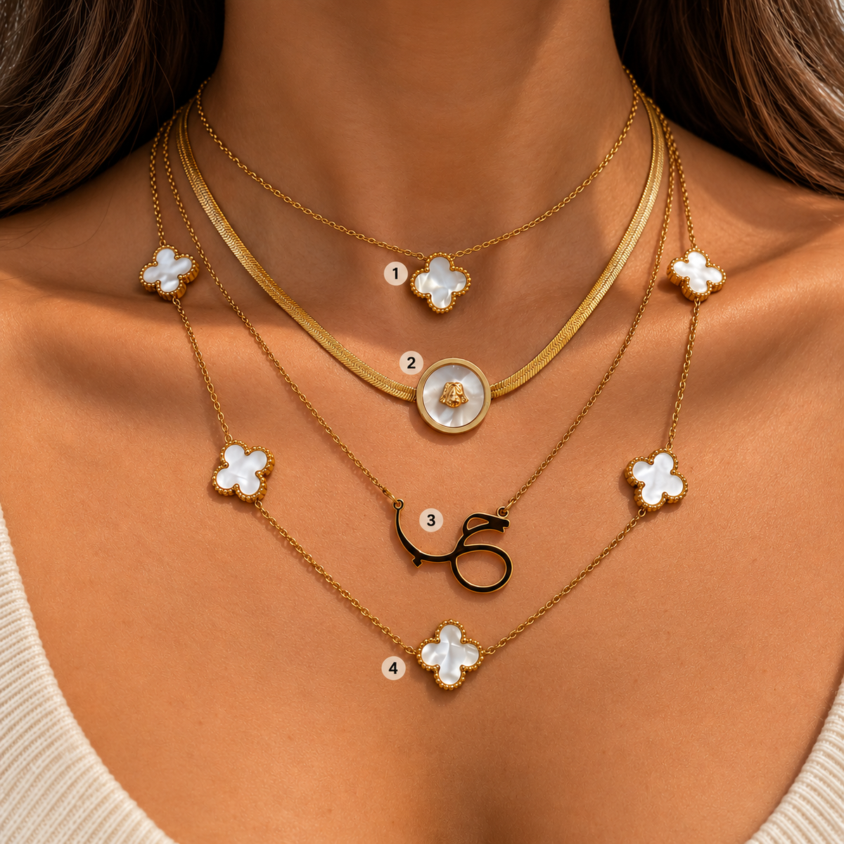 Ivory Charm Stack on model - numbered 1, 2, 3, 4