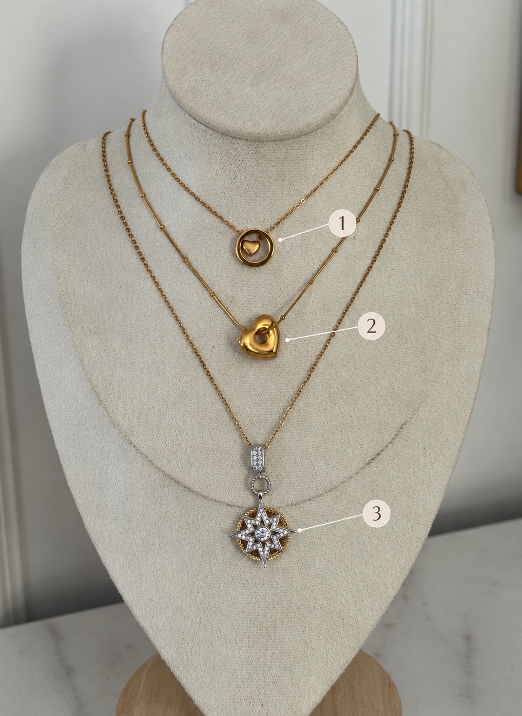 Golden Star Heart Stack - layered necklaces numbered 1, 2, 3