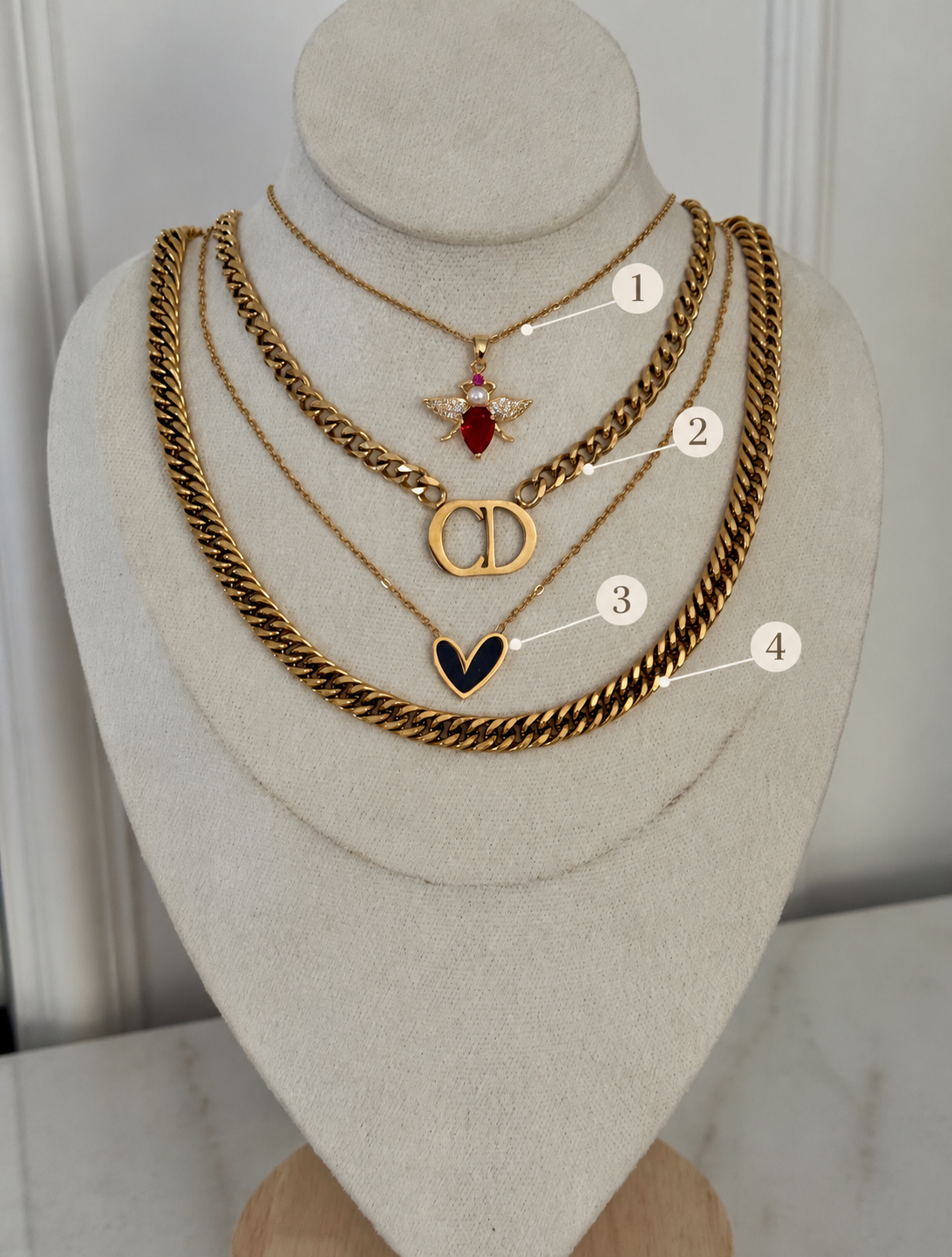 Bold Bee Chain Stack - layered necklaces numbered 1, 2, 3, 4