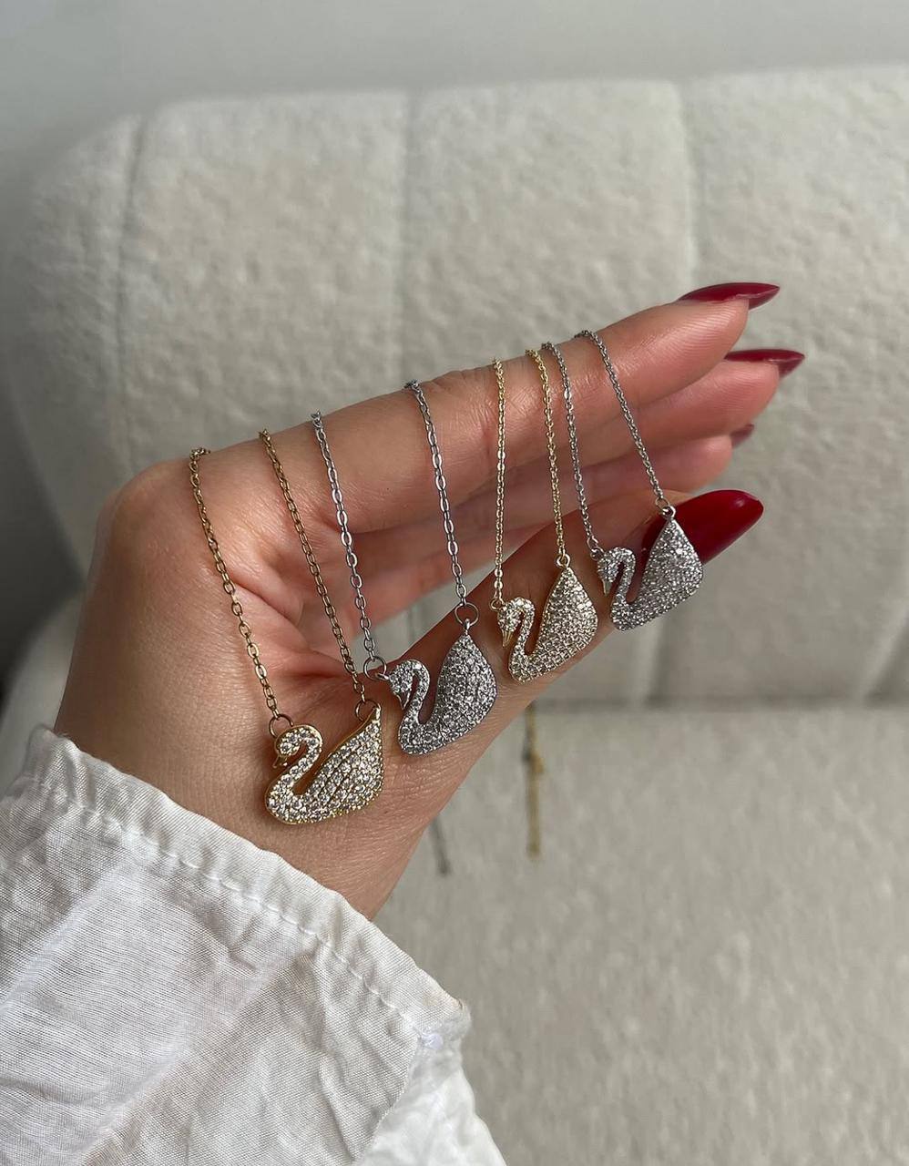 Swan Charm Necklace in gold and silver, swan pendant covered in sparkling stones