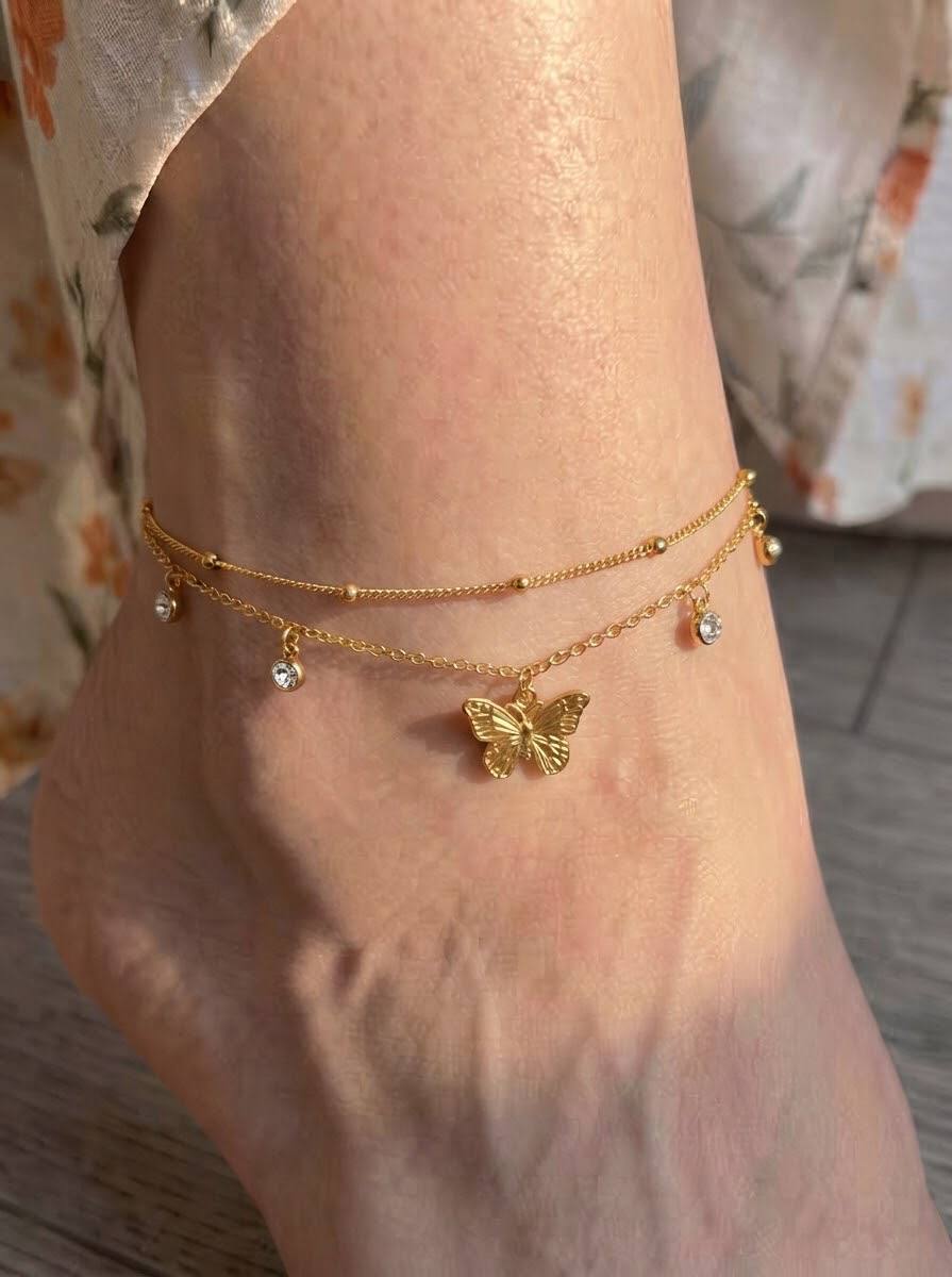 Butterfly Sparkle Layered Anklet, double chain with golden butterfly and sparkling stones