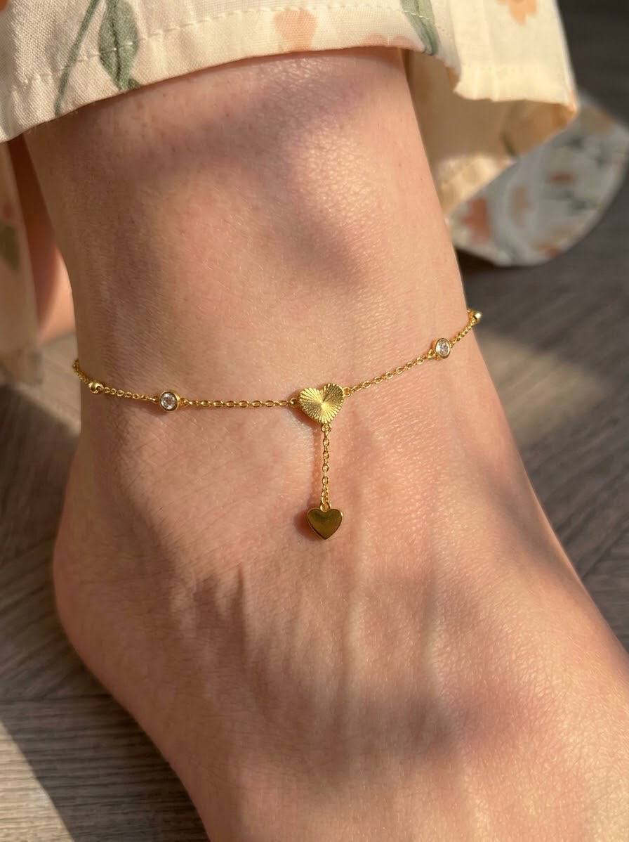 Heart Drop Anklet with textured heart, dangling mini heart and sparkling stones