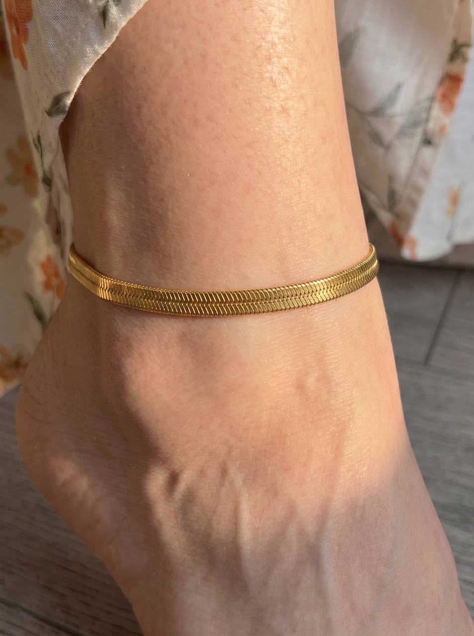 Herringbone Chain Anklet, flat golden snake chain worn on the ankle