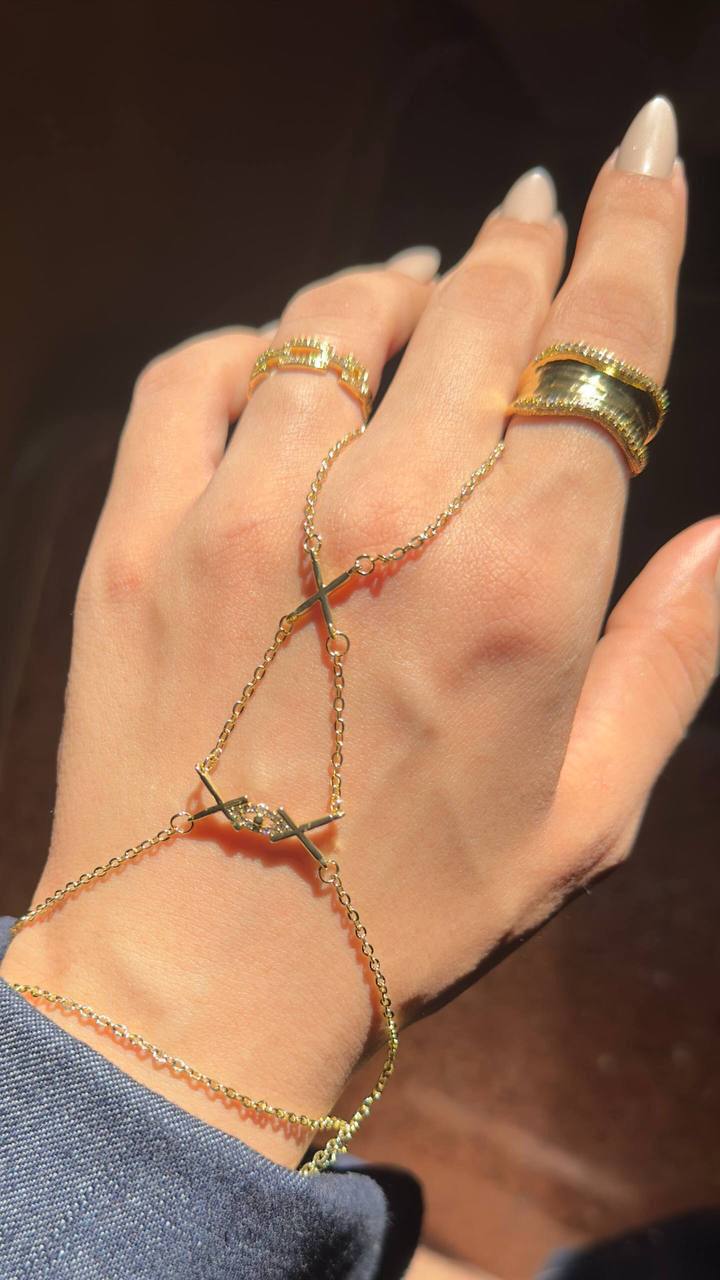 Cross Link Hand Chain worn on the hand with ring and X-shaped links