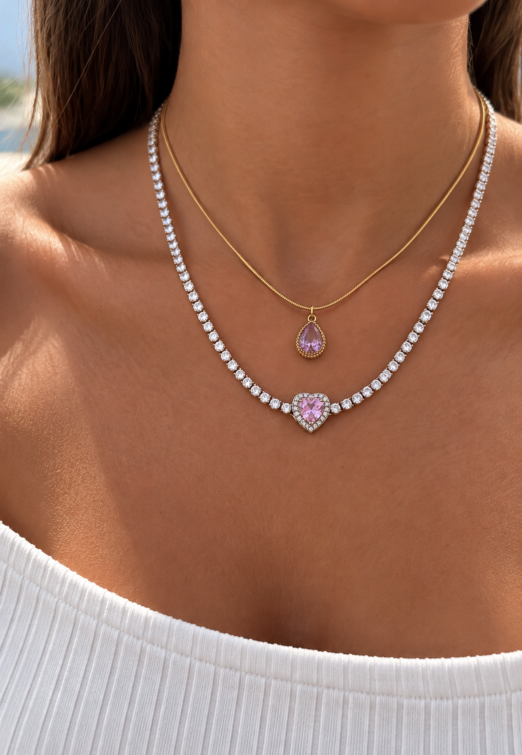 Pink Crush Duo - layered pink drop and heart tennis necklaces