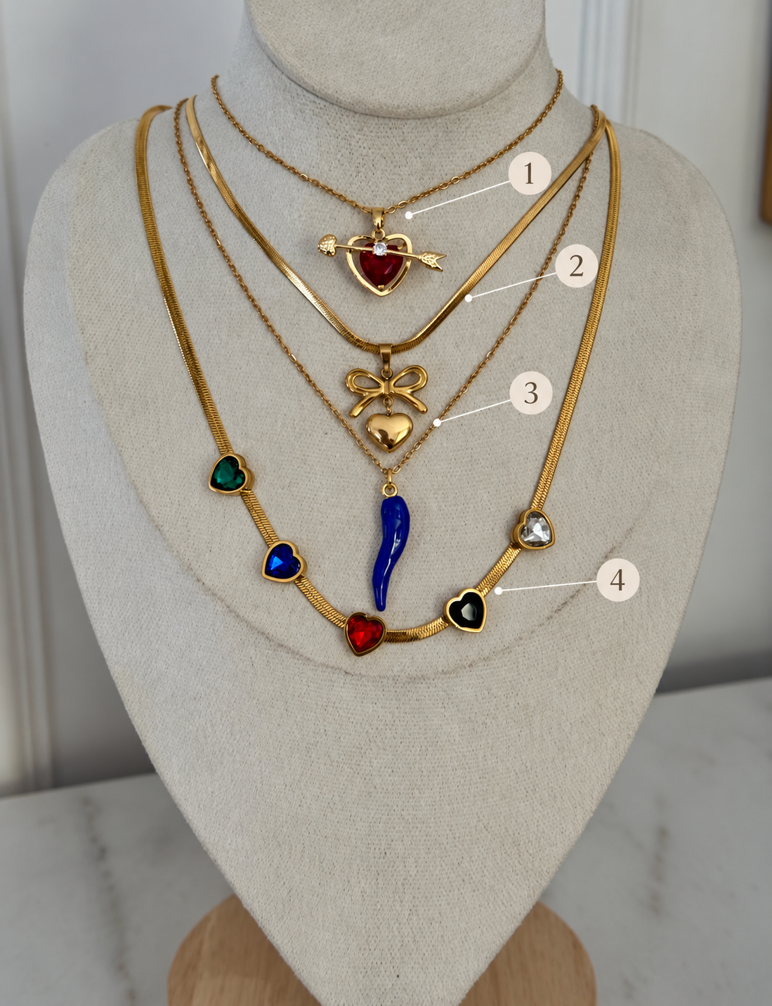 Jewel Heart Stack - layered necklaces numbered 1, 2, 3, 4